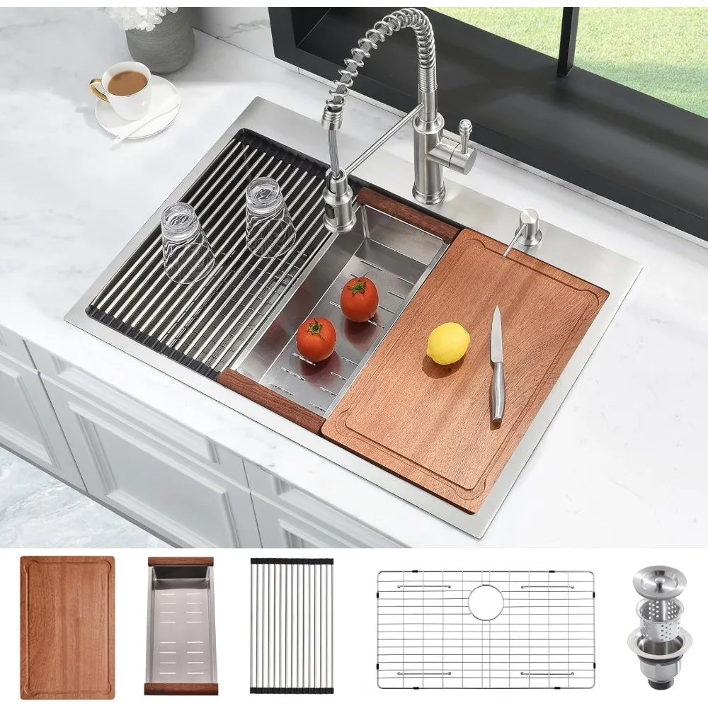 

33x19 Inch Topmount Kitchen Sink 16 Gauge Stainless Steel 10'' Deep Handmade Kitchen Sink Single Bowl Sink With Accessories