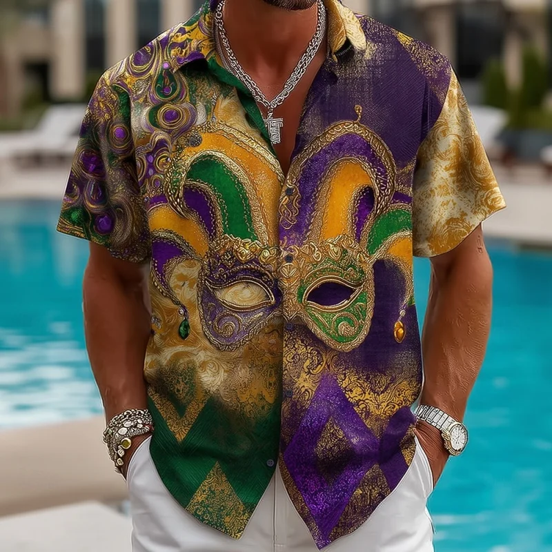 

Мужская гавайская рубашка с карнавальным принтом, разноцветная, с 3D-печатью, короткими рукавами, летняя, уличная, свободного кроя, в стиле Алоха