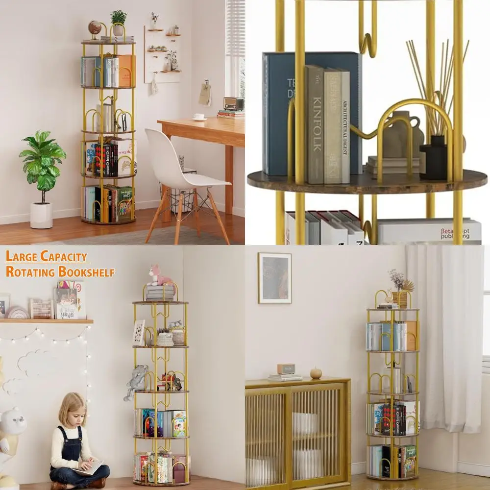

Узкая 4-х уровневая поворотная книжная полка, 360° ° Вращающаяся башня для компактных помещений, золотые акценты, идеально подходит для спален и гостиных