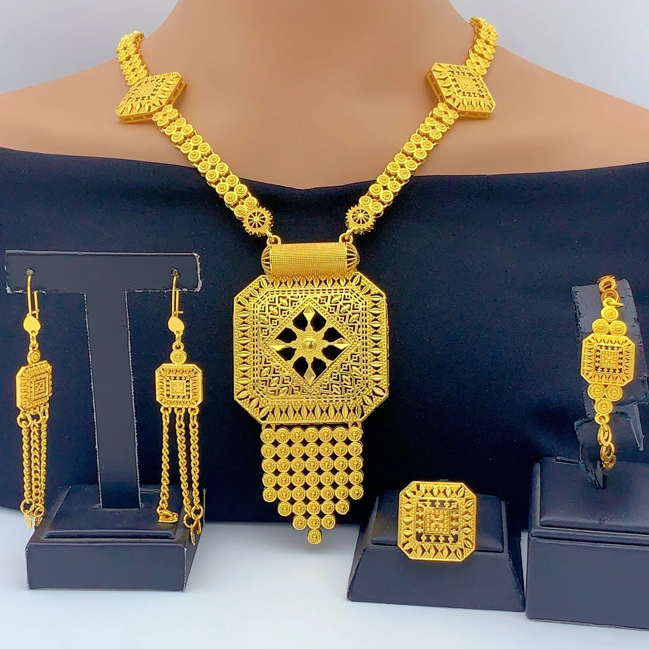 ANIID Dubai Lange Halskette, Ohrringe, Schmuckset für Frauen, indische Quaste, goldfarben, nigerianischer afrikanischer Schmuck, Partygeschenke – Detail 1