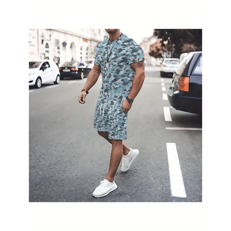 2025 Casual Round Neck Short Sleeved Shorts Set Summer New Trend Retro Men's Fashion T-shirt 3D Digital Printing Creative