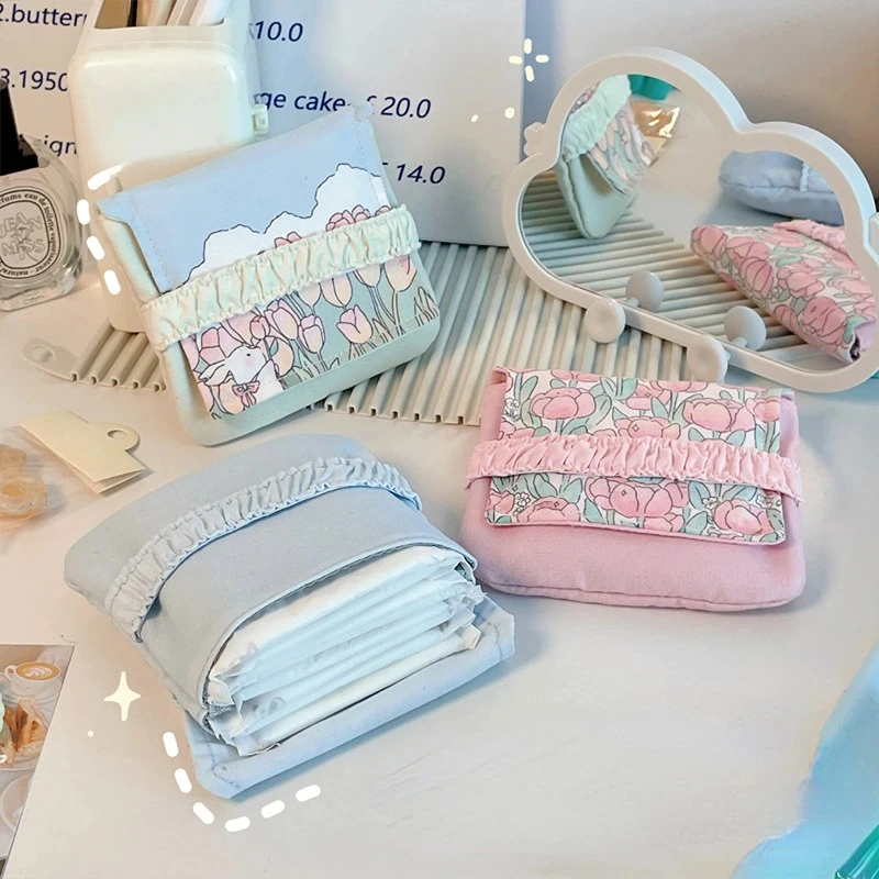 Women Portable Sanitary Napkin Tampon Storage Bag Cotton Travel Makeup Storage Bag Literary Cute Coin Purse Sundries Storage