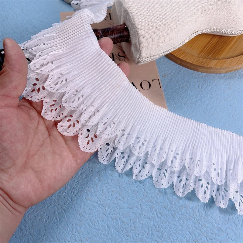 8CM Wide Double Layers White Pleated Chiffon Lace Fabric Elastic Ruffle Trim Wedding Dress Lolita Skirts Collar DIY Sewing Decor