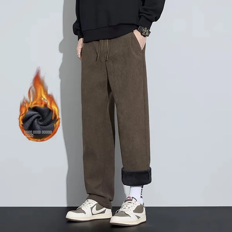 

Trendy Faionable Elastic Wide Leg Loose Fce Lined Thi Men's Casual Pants Straight Leg Long Trousers Autumn Winter