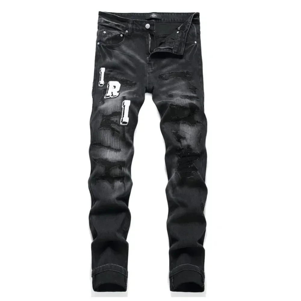 Pantalones de mezclilla elásticos para hombre, Jeans con bordado de agujeros negros, escena informal de moda, calidad de exportación, nuevo estilo