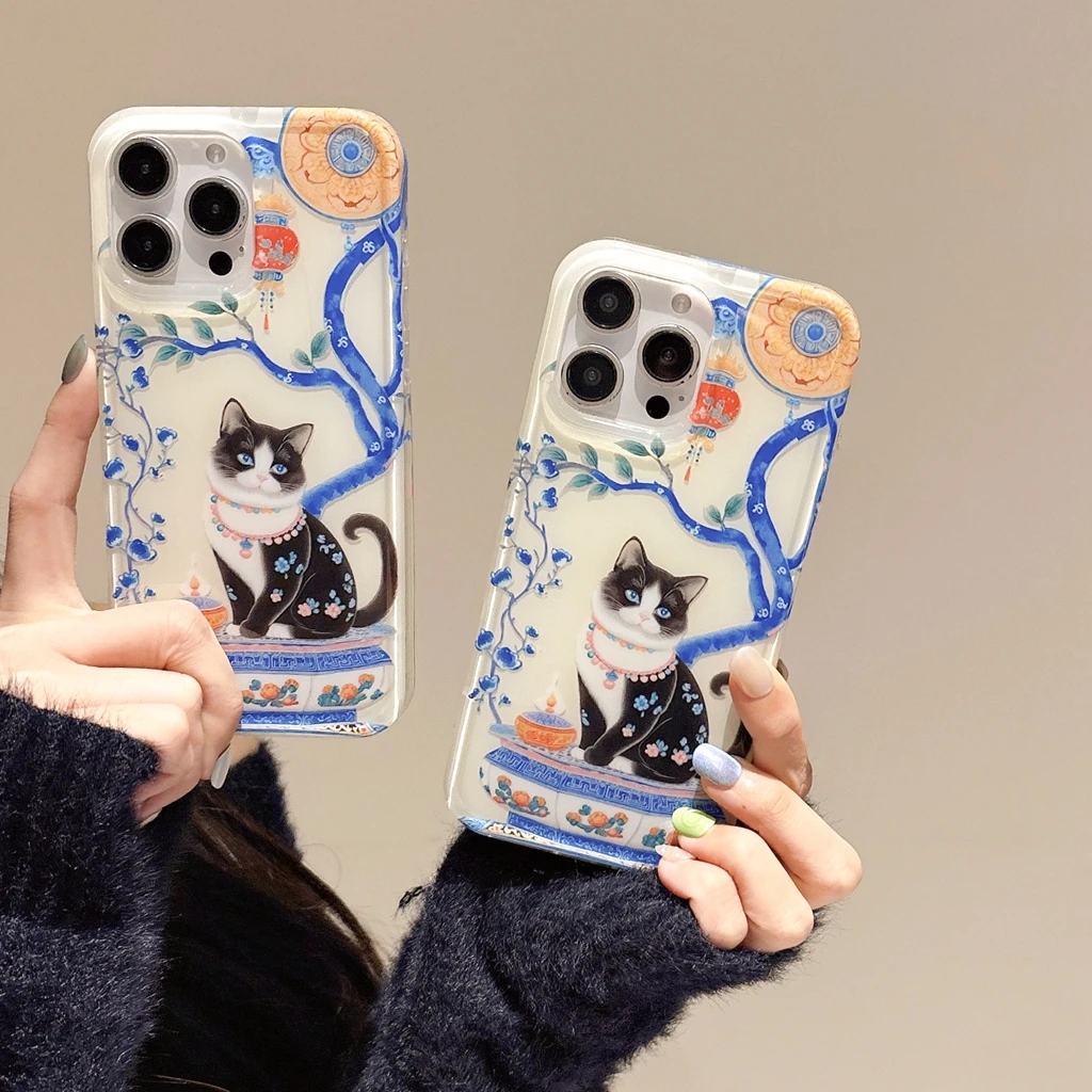 Chinese Style Ink Wash Ceramics Cute Cat Shockproof Protective Phone Cover Case for iPhone 16 15 14 13 Pro Max