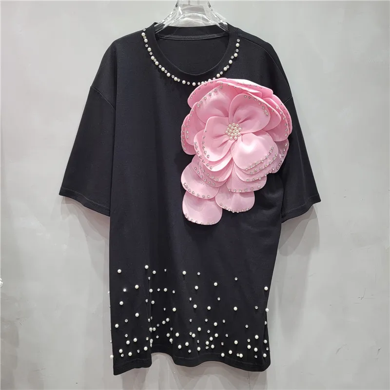 Summer Heavy Industry Beaded Three-Dimensional Flower Diamond-Embedded Loose Mid-Length White Short Sleeve T-shirt Women Clothes