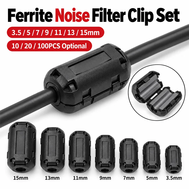 Black Clip-on Ferrite Core Noise Filter 3.5/5/7/9/11/13/15mm RFI EMI Suppressor for Audio USB Power Data Cable Cord 10/20/100PCS