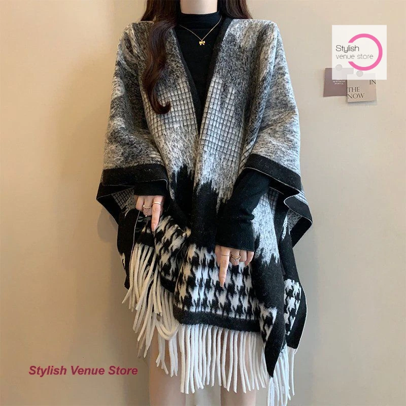American folk style Maillard brown sweater shawl with women's autumn and winter plus size fat mm long scarf cloak tassel top