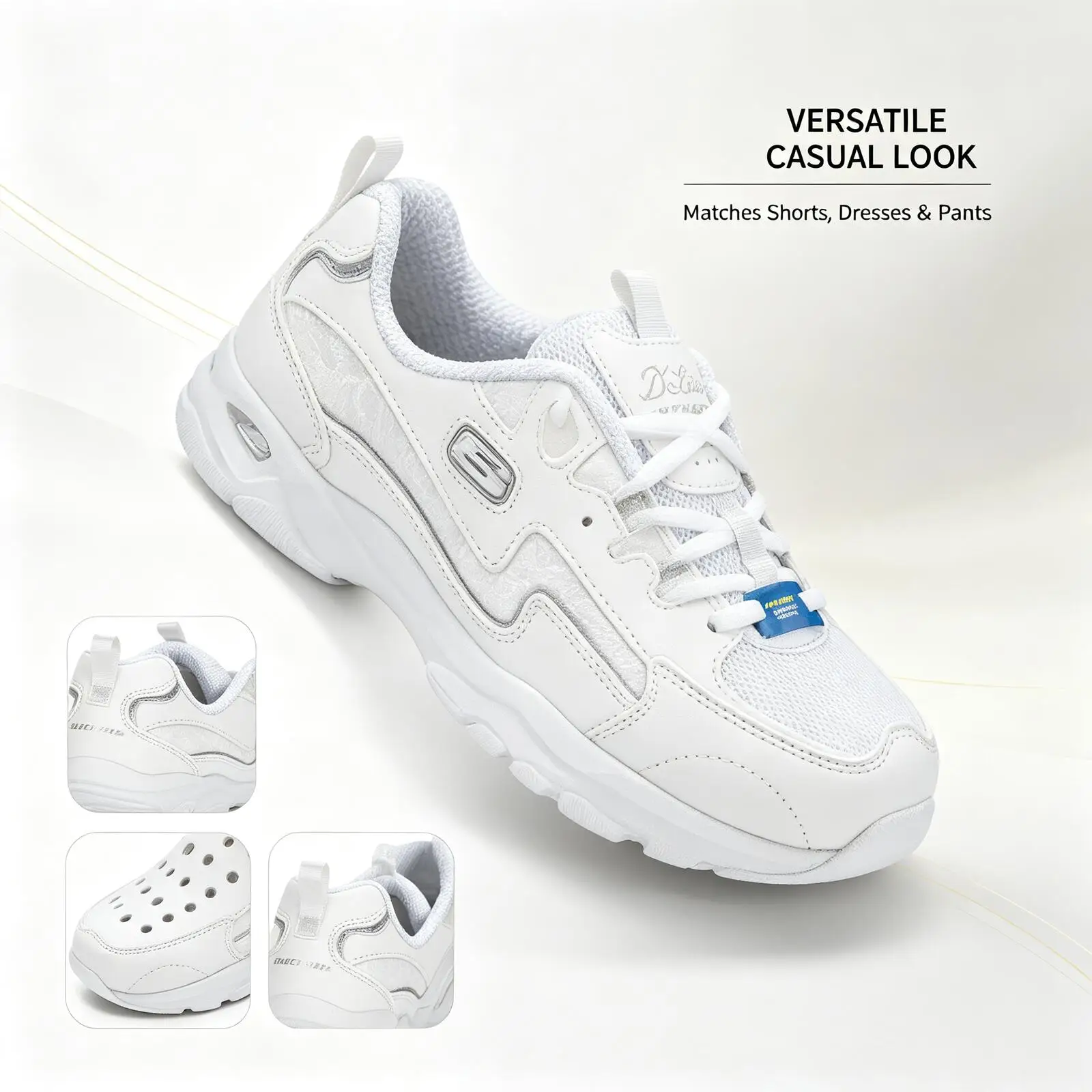 Skechers Ladies White Silver Chunky Platform Sneakers Memory Foam Comfort Walking Sport Shoes 896147-WSL