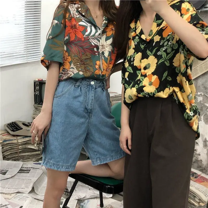 Summer Woman Clothes Ins Chic Chiffon Shirt Loose Thin HongKong Retro Style Floral Preppy Style Top Trend Mori Girl Style Casual