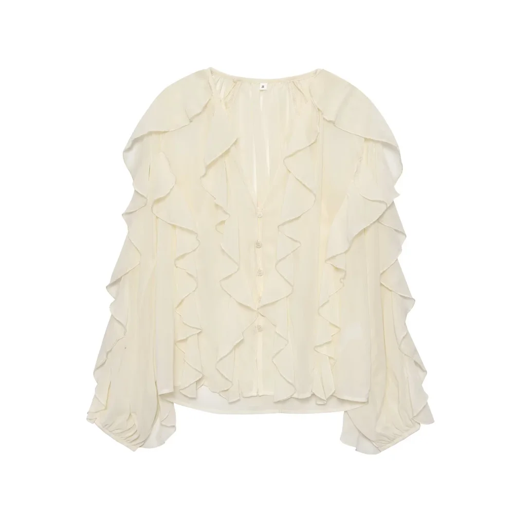 

UNIZERA 2025 new women's casual fashion European and American style design with ruffled edges long sleeved shirt top