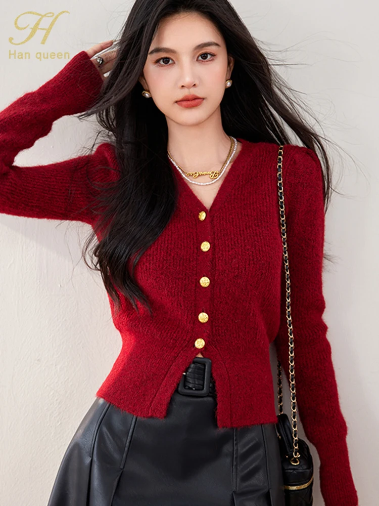 H Han Queen 2024 Autumn Vintage Red Christmas Sweater Korean Chic Knitted Cardigan Women\'s Clothing Casual Basic Long Sleeve Top