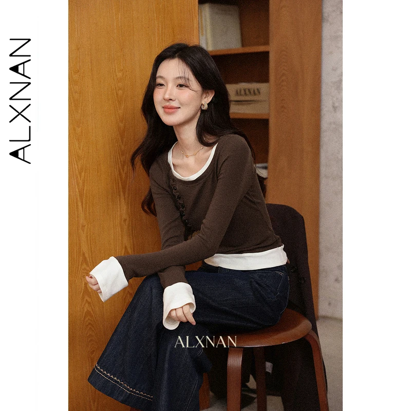 ALXNAN T-shirt marrone Falso patchwork in due pezzi T-shirt a maniche lunghe da donna 2025 Autunno Cotone Office Lady Slim-fit Top L57310