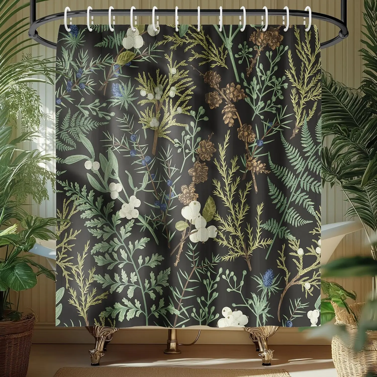 

Leaves Plant Shower Curtain,Black Botanical Shower Curtain, Spring Nature Waterproof Polyester Fabric Bathroom Bathtub Decor