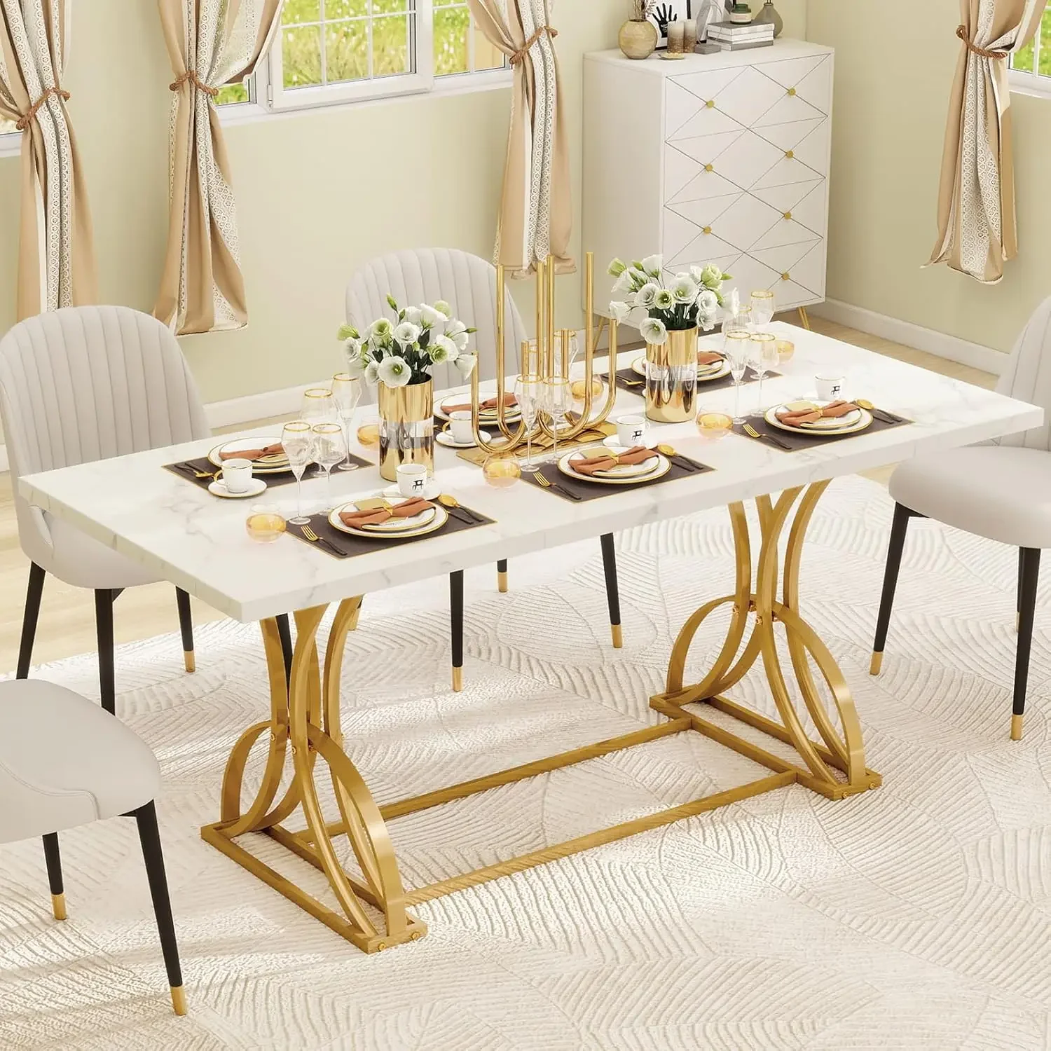 Dining Table for 6-8 People, Rectangular White Kitchen Dining Room Table with Faux Marble Tabletop and Gold Geometric Metal Legs