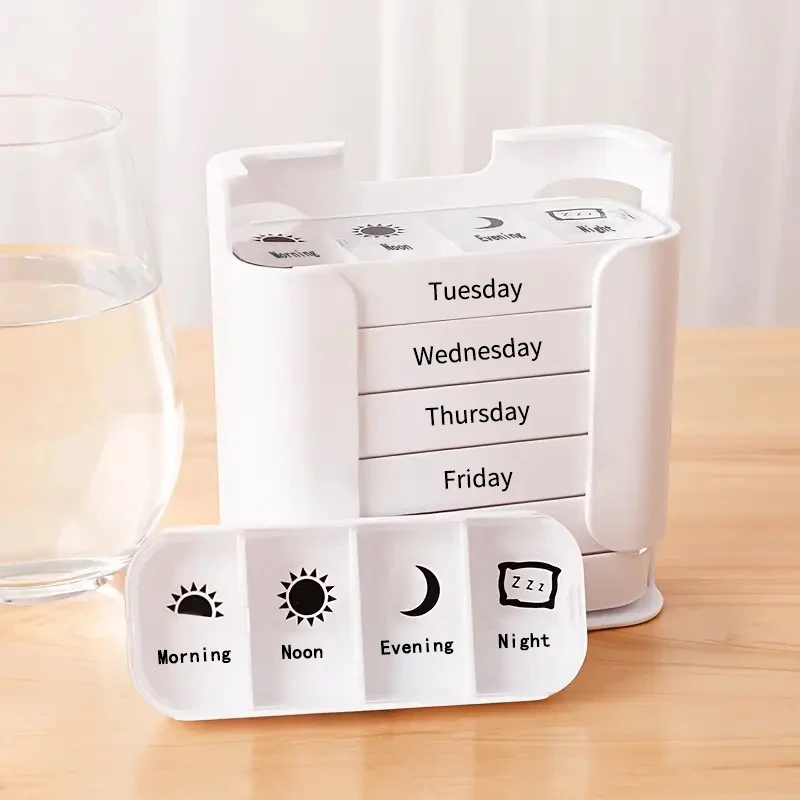 

Weekly medication management box (4 times a day), portable 7-day packaging box, practical medication box for the elderly