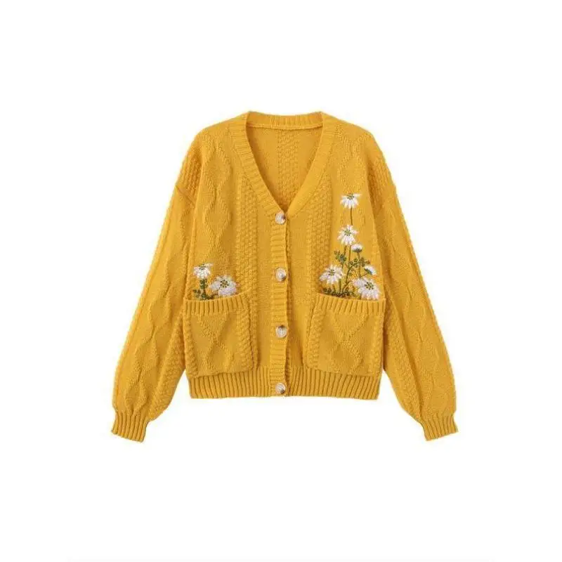 

Men's Knitted Sweater Women's Floral Embroidery Button Coolmax Fiber Ciwalk Collar Nine Sve Length Deformable