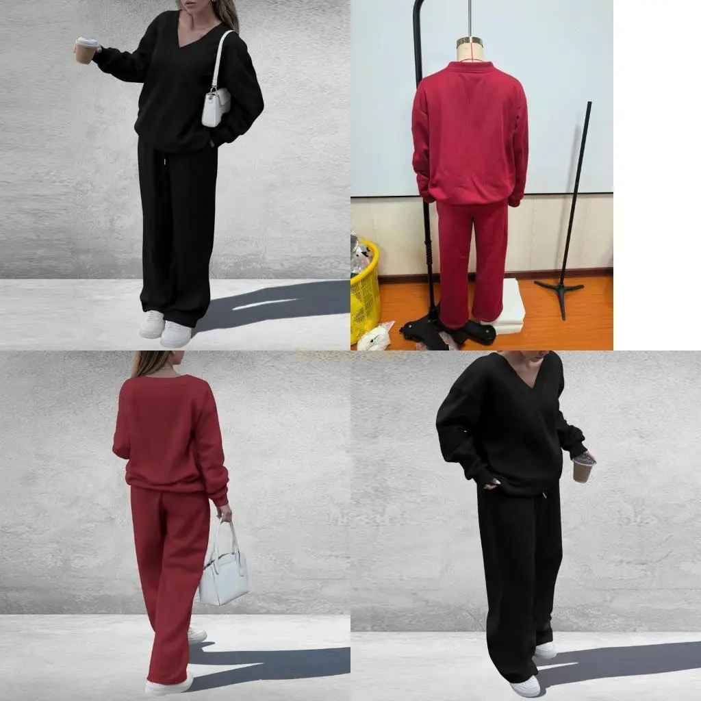 

31BF Women's Casual Two-Piece Sweatshirt Loose Wide-Leg Pants Sportswear Knitwear
