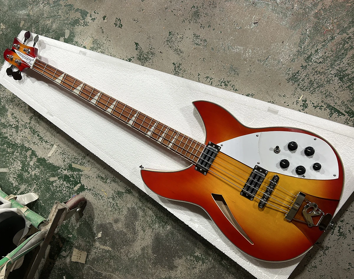 High Quality Cherry Sunburst Semi Hollow Body 4 Strings Electric Bass Guitar Rosewood Fretboard Factory Customizable