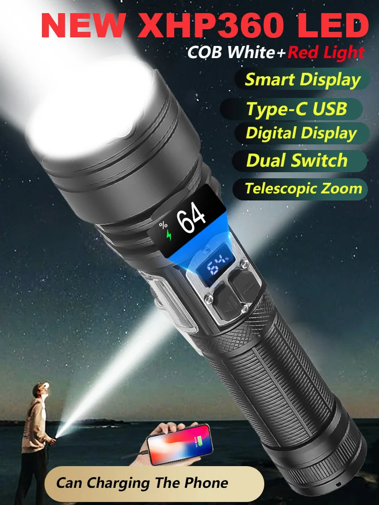 990000000LM NEW XHP360 LED Zoom Outdoor Far And Near Light Dual Switch Strong Flashlights XHP200 Tactical Torch Type-C USB Lamp