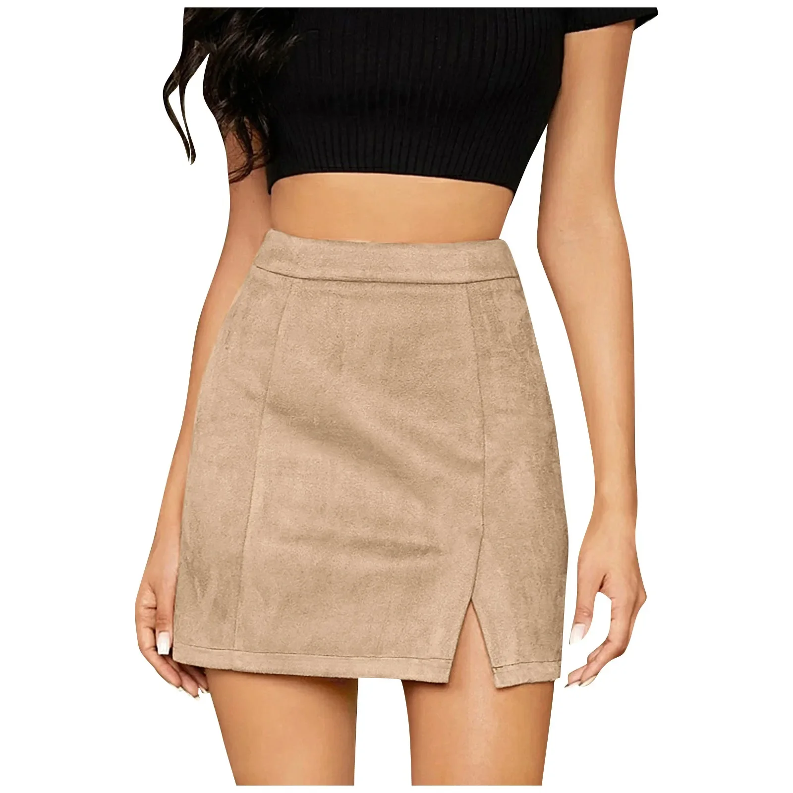 Women Sexy Slim Fit Suede Covered Buttocks Short Skirt With High Waist Girls Fashion Daily Solid Color A-Line Zipper Midi Skirt
