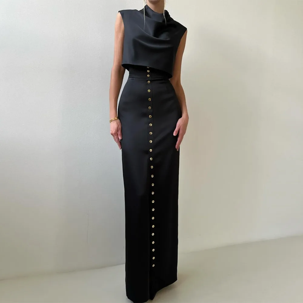 

Summer Pile Collar Sleeveless Top, Breasted Half Skirt,Slim Fit Solid Color Set, Daily Office Commuting Long Skirt Two-piece Set