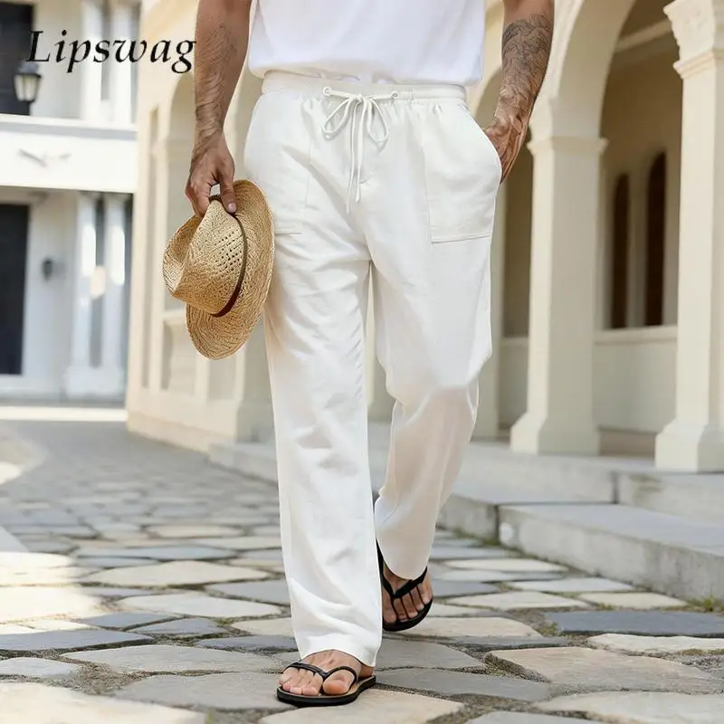 

Мужские повседневные свободные брюки для пляжа, стильные однотонные прямые брюки на шнурке, модные мужские брюки для отпуска Весна-Лето 2026