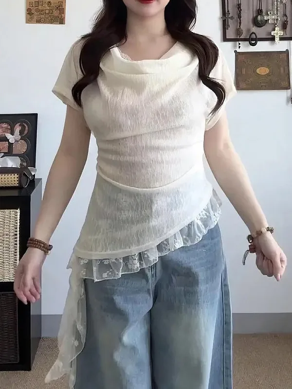 Conjunto de dos piezas de camiseta de manga corta con cuello de encaje dulce y picante estilo coreano para mujer de talla gra...