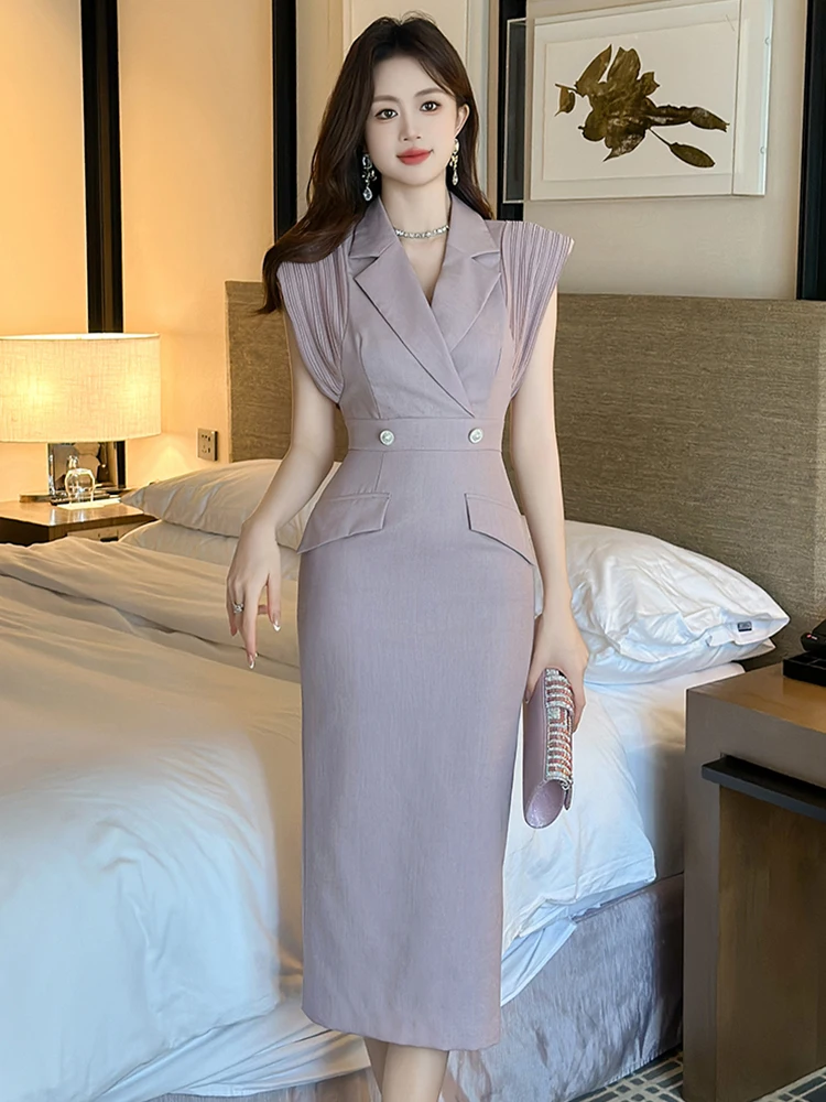 Elegant Fashion Formal Dress Women Professional OL Celebrity Short Sleeve Pocket Midi Robe Business Vestidos Conference Clothes