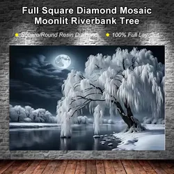 Full Square Diamond Mosaic Moonlit Riverbank Tree 5D Diy Diamond Painting Rhinestones Of Pictures Embroidery Cross Stitch Kits