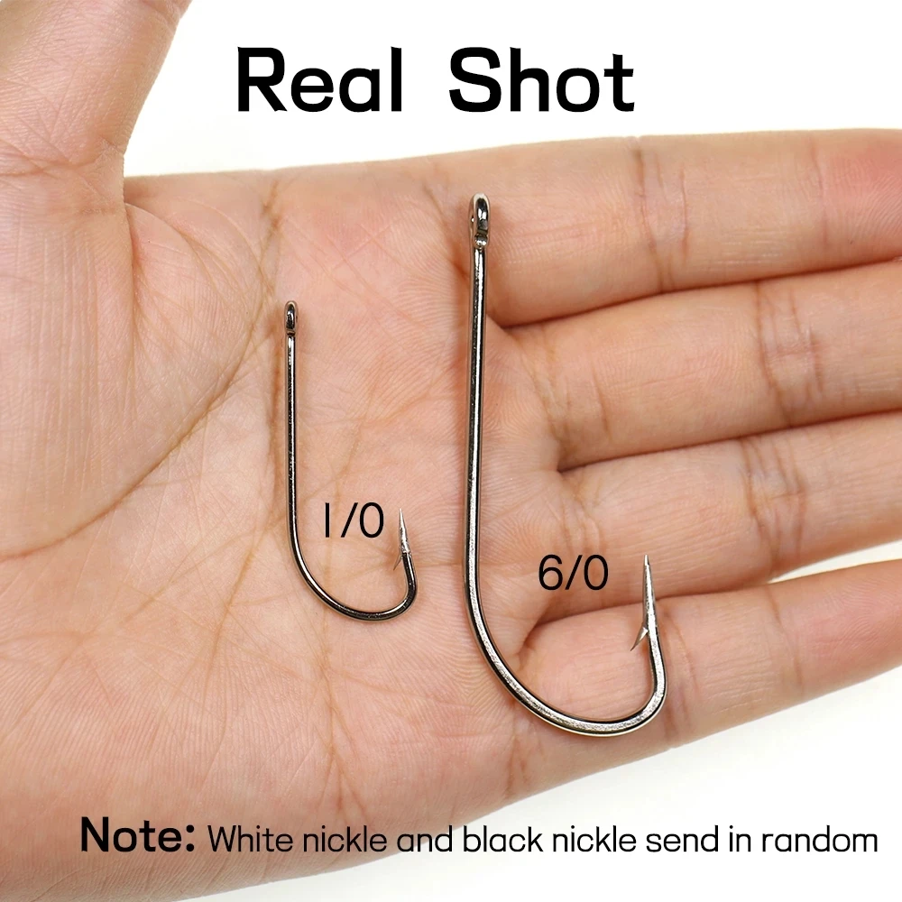 Elllv 50pcs Saltwater Fishing O\'shaughnessy Hooks High Carbon Steel Long Shank Chemeical Tip Single Hook White/Black Nickle