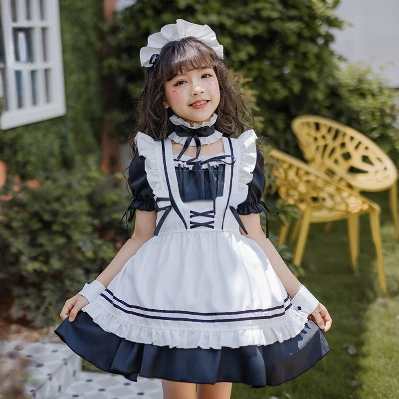 2025 NewNew Kids Lovely Maid Cosplay Costumes Girls Anime Lolita Princess Dress Short Sleeve Ruffle With Headwear Neckwear Su AA