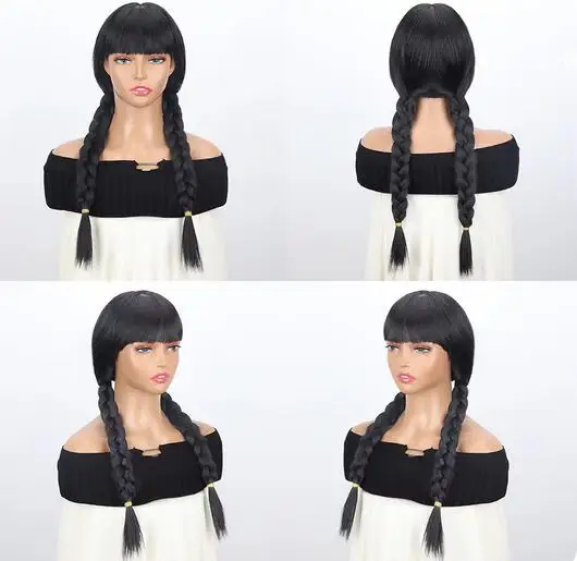 Long Hair Braid Wig Black Natural Wair Large Braid Wig With Bangs Synthetic Wig for Women Daily Wear Cosplay