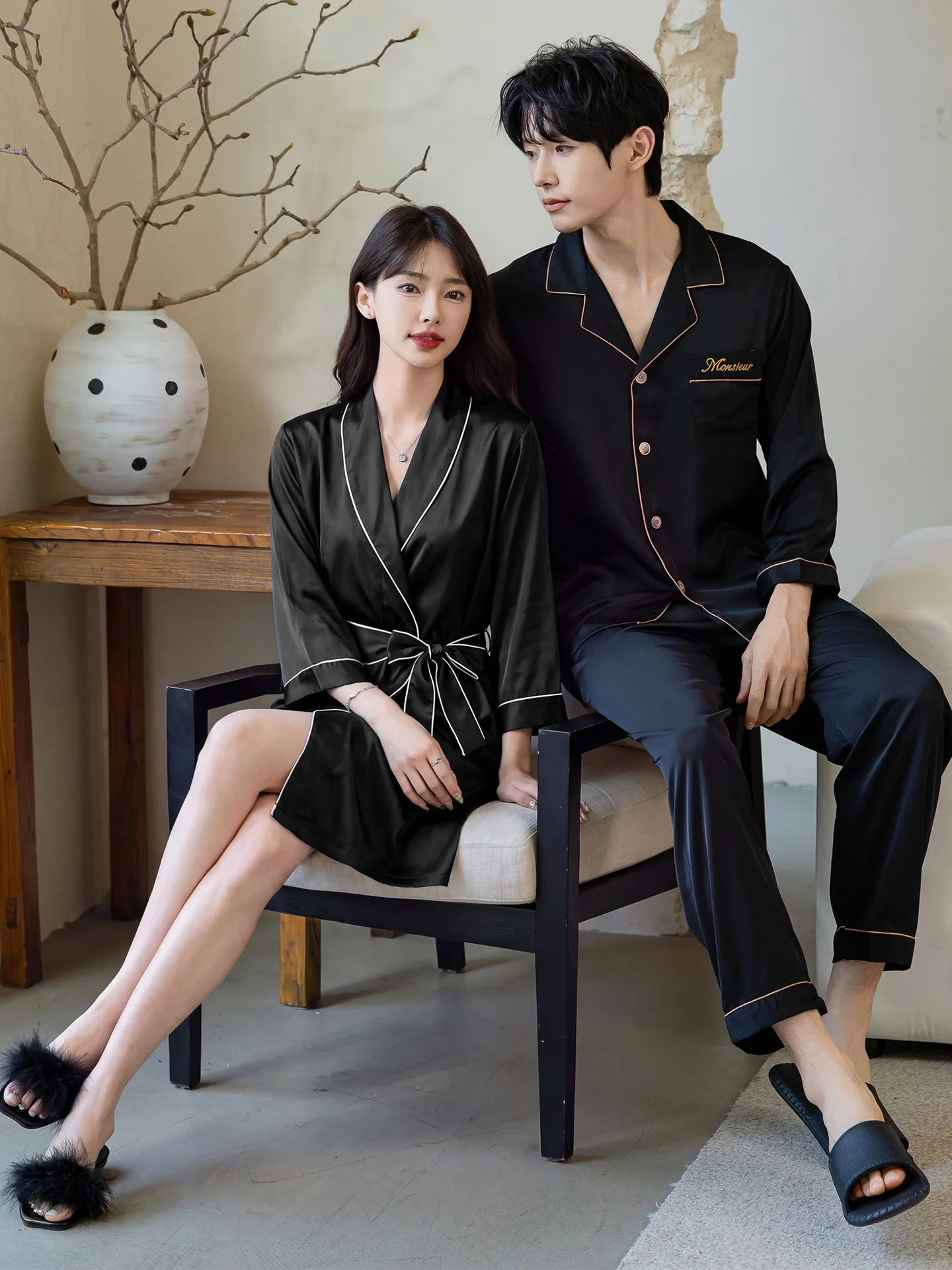 vetements-de-nuit-en-soie-glacee-pour-couples-vetements-d'interieur-a-manches-longues-peignoir-noir-pour-hommes-et-jeunes-sensation-de-luxe-fibre-de-polyester-col-en-v-boutons-decoratifs