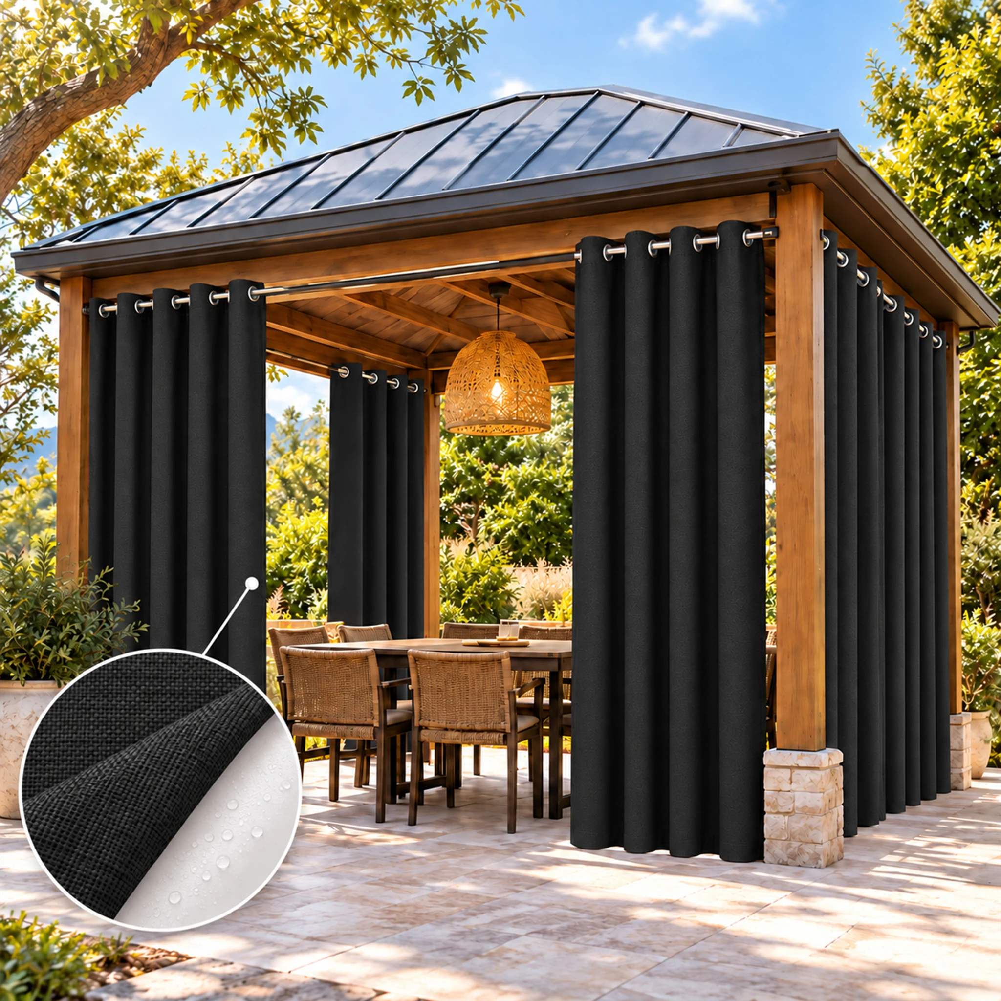 4 Panel Outdoor Blackout Curtains Linen Look 100% Light Blocking Privacy Drapes with White Waterproof Coated Back for Gazebo Patio Porch