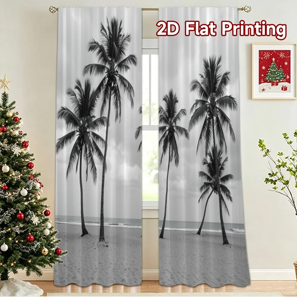 2D flat 2pcs Curtain Country Style Monochrome Palm Beach Durable polyester fiber Party Decorations Use for living room decor for