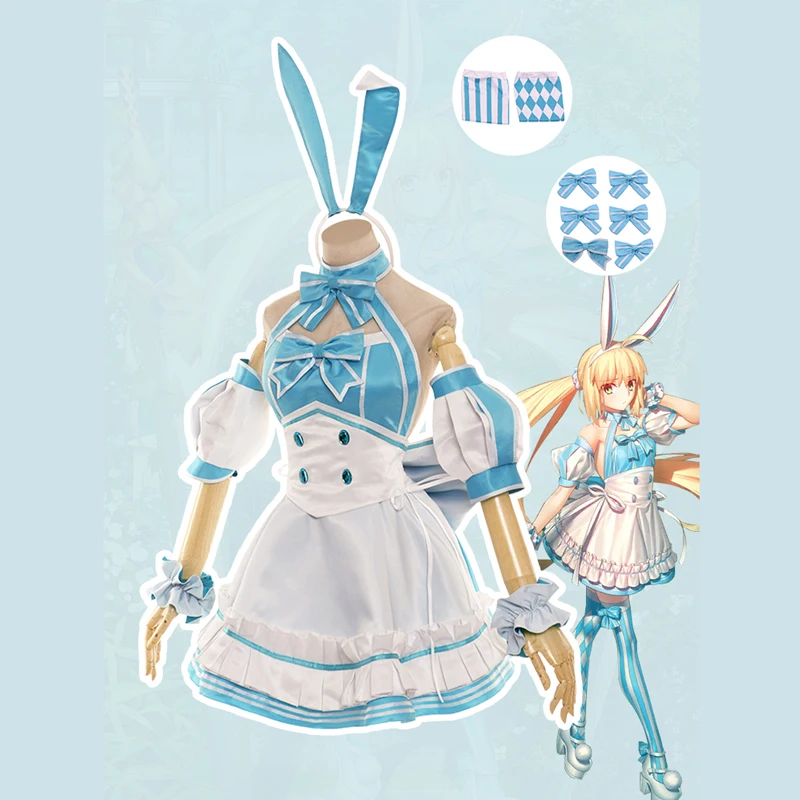 The FGO fate Cos Altria Caster Cosplay Blue and White Bunny Ears Halloween Maid Outfit Costume B