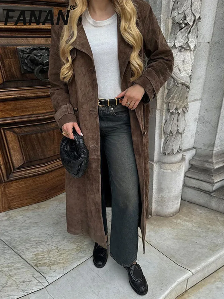 

FANAN Faux Leather Long Coat With Belt Fashion Double Breasted Lapel Oversize Overcoat Autumn Female High Street Outwear New