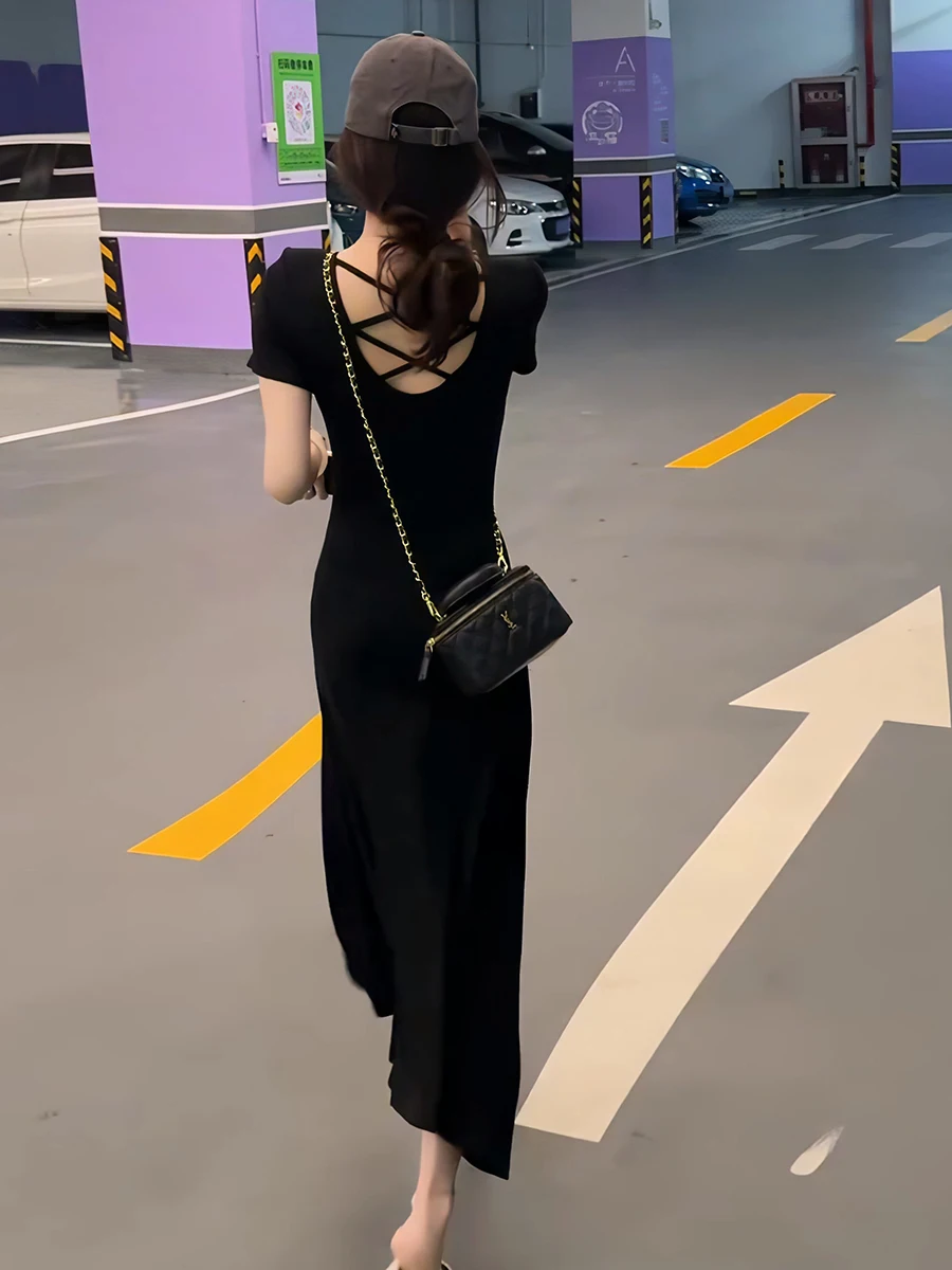 Ele Hollow out Cross Ba Bla Dr Women's Slimming A-Line Long Dr Summer Season Faion High-End Feeling Casual Wear