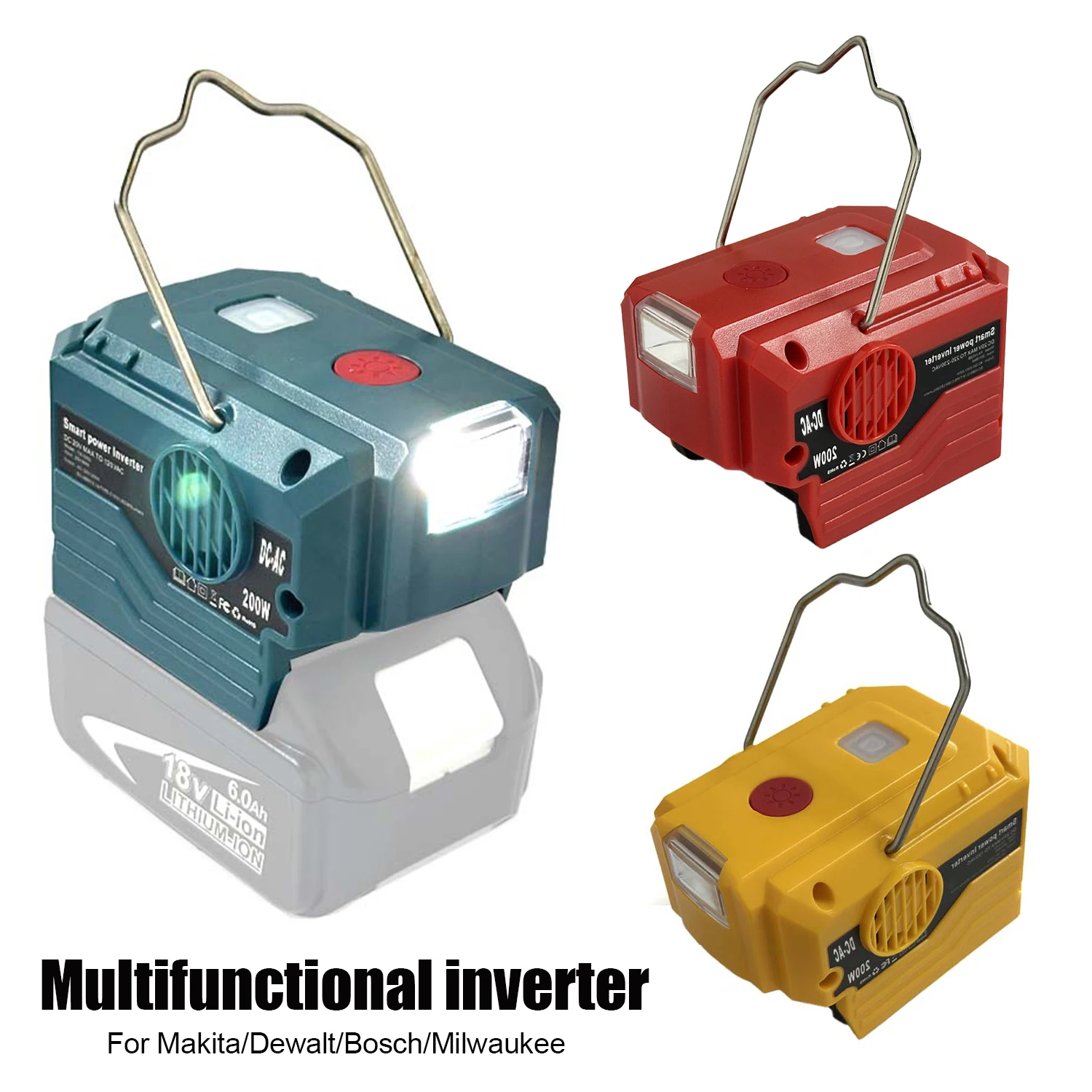 

Инвертор мощностью 200 Вт для аккумуляторов Makita/Dewalt/Milwaukee/Bosch 18 В, портативный источник питания с розеткой переменного тока, портами USB и Type-C