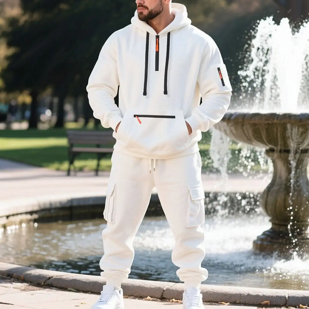 Mens Winter Fleece Lined Tracksuit Hooded Sweatshirt Cargo Joggers Set Casual Sportswear Oversized Athletic Training Clothes