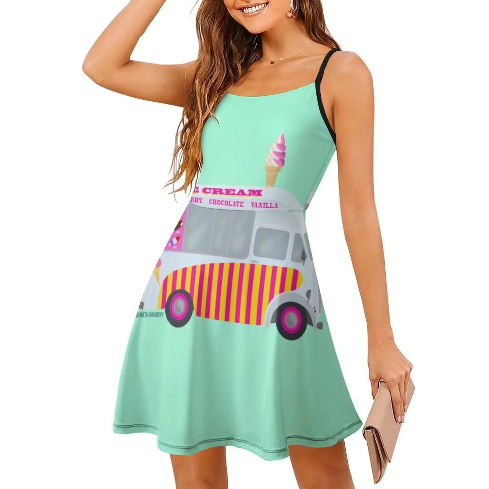 فستان قصير على طراز Preppy لشاحنة الآيس كريم للنساء على شكل حرف a فضفاض مناسب فستان يوم غير رسمي شاحنة الآيس كريم المصاصة للسيدات #3