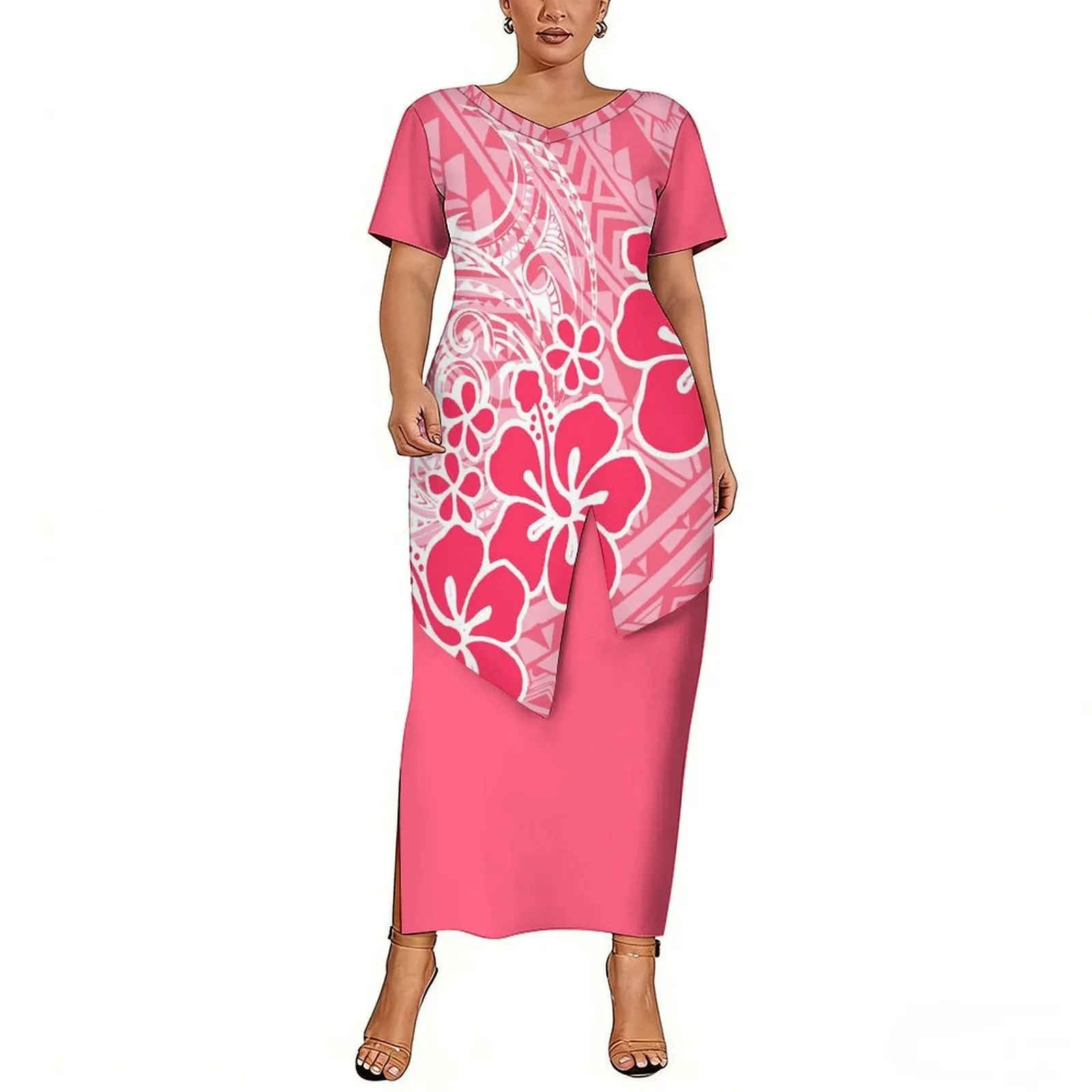 Polynesian Custom Pattern Summer V-Neck Short-Sleeved Floral Print Artistic Casual Fitted Waistline Tail Hem Puletasi Set Skirt