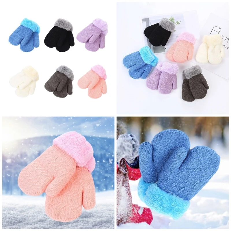 1 Pair Winter Thick Plush Gloves for Children Aged 0-3 Years Baby Child Hand Warmer Jacquard Solid Color Warm Mittens