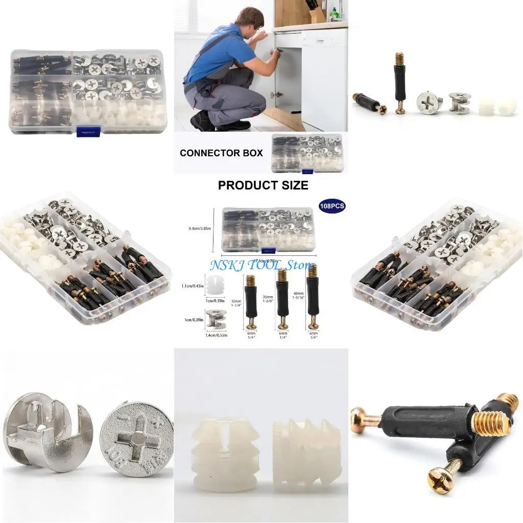 L8RC 108-teiliges Nockenschloss, 3-in-1-Befestigungselemente, Nockenschloss-Befestigungsset, Hardware-Teilesortiment für eine