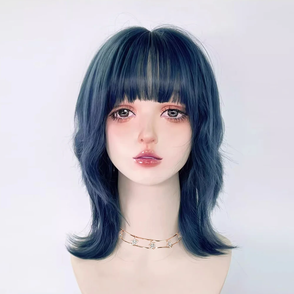 Synthetic Short Curly Blue Mullet Head Wig With Bangs Women Cosplay Anime Realistic Fake Hair For Daily Party