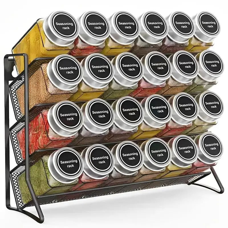 4 Tier Easy Access Carbon Steel Storage Shelf Wall Mount Spice Organizer Seasoning Jar Holder for Cooking Kitchen Cupboard