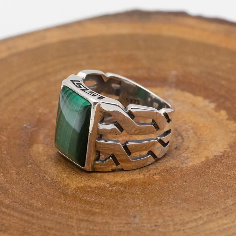 Wholesale Men Ring Base real 925 Sterling Rings Green Rectangle Malachite Stone Rings Men Silver