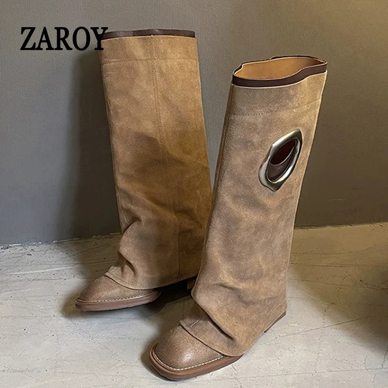 ZAROY Suede Knee High Boots Women Autumn Winter Square Toe Straight Leg Long Booties Punk Hole Chunky Heels Brand Designer Botas